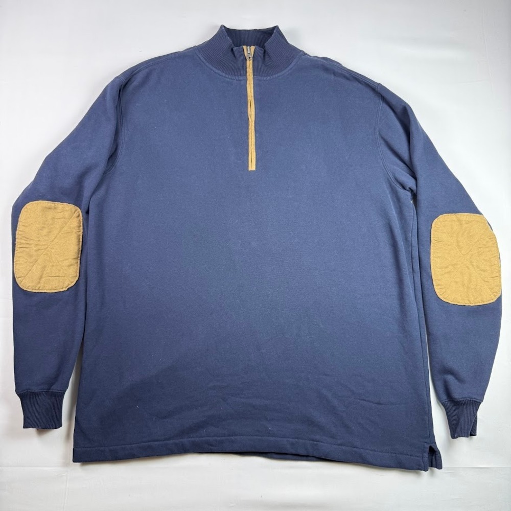 Woolrich Quarter Zip Sweatshirt Mens Large Navy Blue Tan Elbow Patches Stretch
